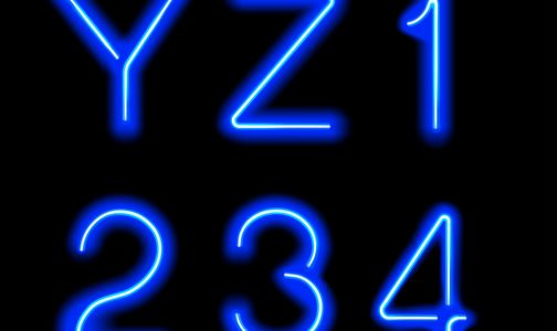 colour and website design blue neon letters and numbers on a black background